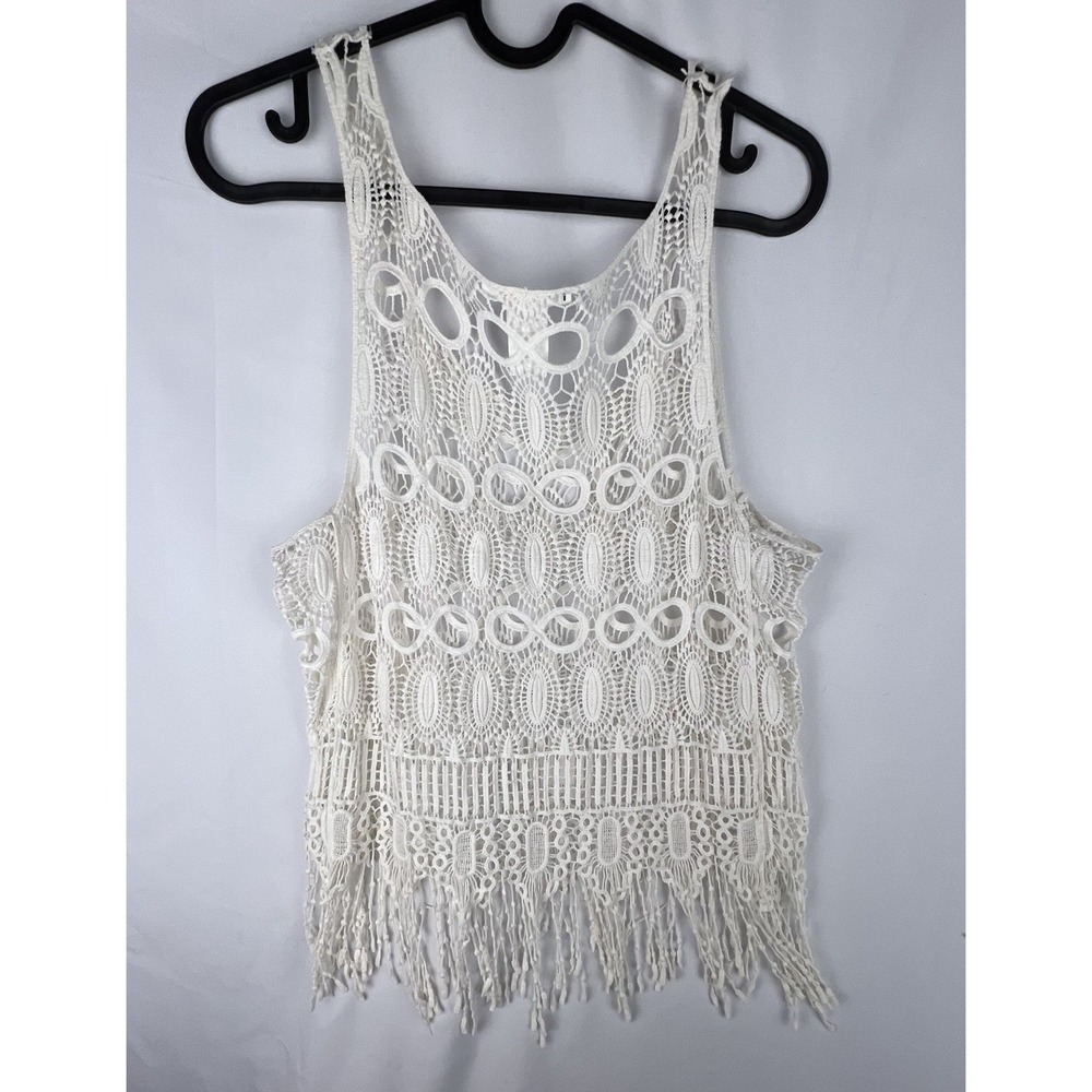 White Crochet Lace Fringe Boho Festival Tank Top 100% Cotton Large Coastal Boho - Picture 7 of 8